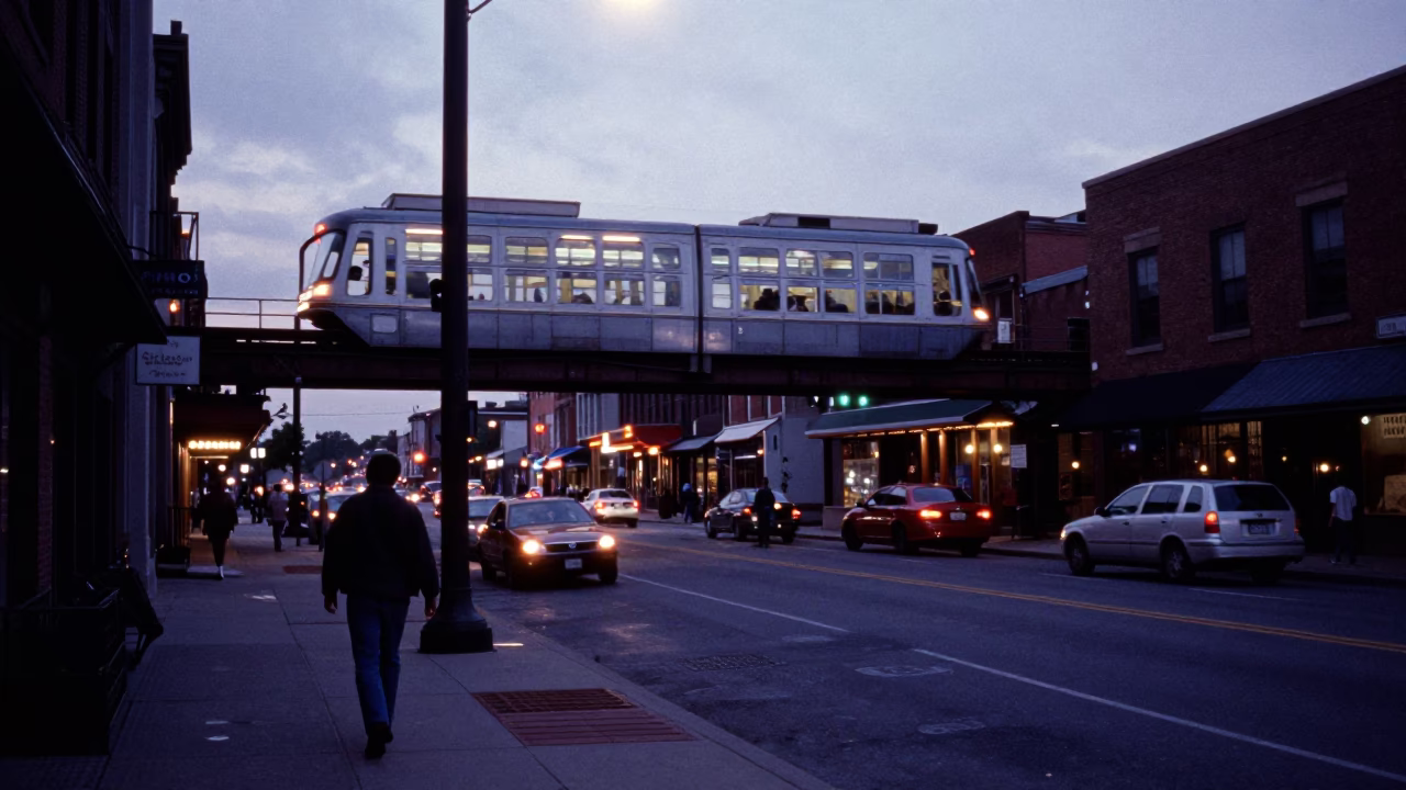 Nashville Tennessee Indigo Twilight Street Scene With Monorail and Iron Deadbolt in in Nashville, Tennessee, United States