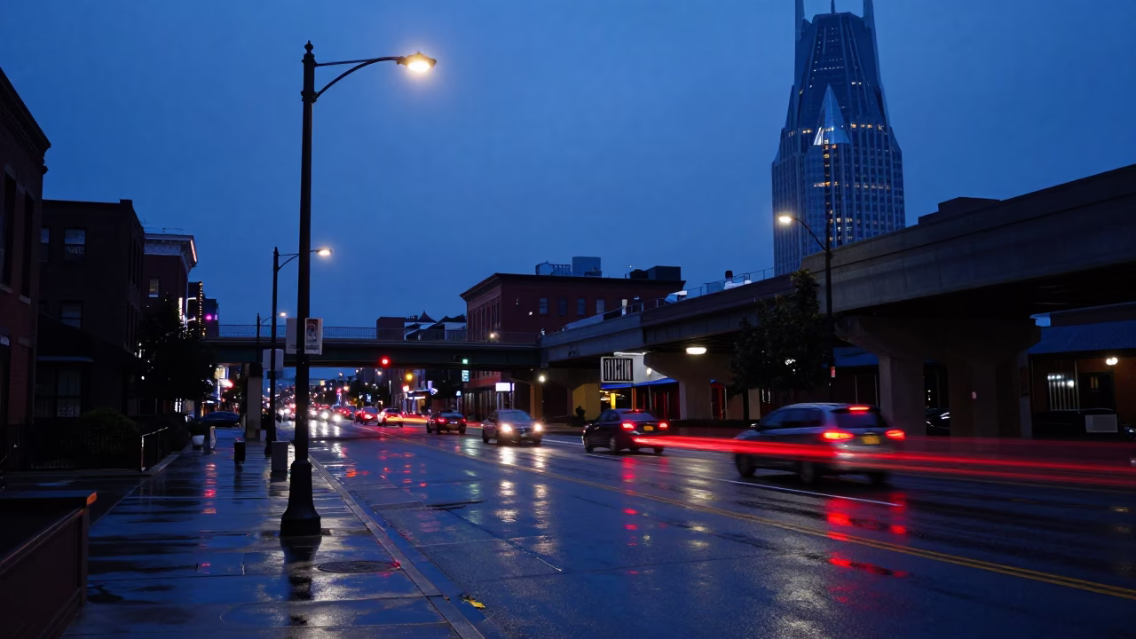 Nashville Tennessee Indigo Twilight Street Scene with Overpass Interchange Taillights in in Nashville, Tennessee, United States