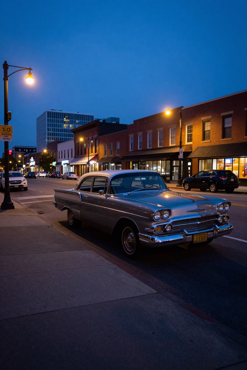 Nashville Tennessee Indigo Twilight Street Scene with Vintage Car and Banjo Player in in Nashville, Tennessee, United States