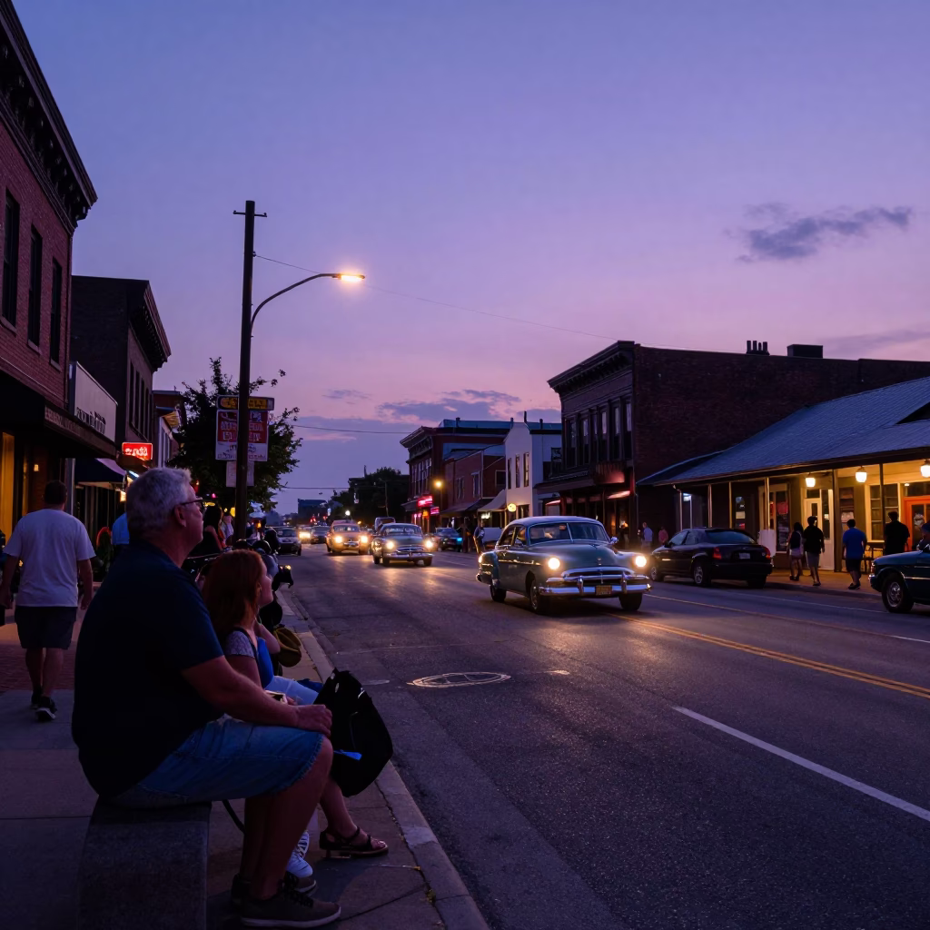 Nashville Tennessee Indigo Twilight Street Scene With Vintage Car Rally And Glowing Substation in in Nashville, Tennessee, United States