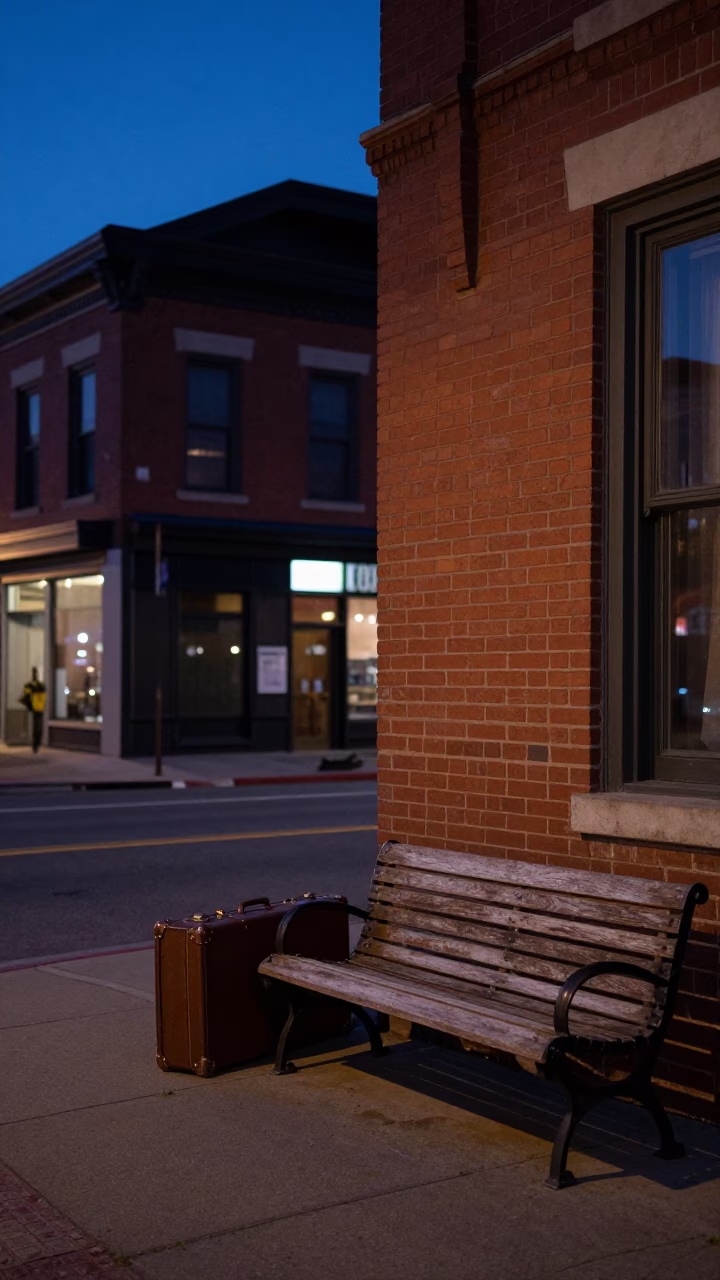Nashville Tennessee indigo twilight street scene with vintage suitcases and local interaction in in Nashville, Tennessee, United States
