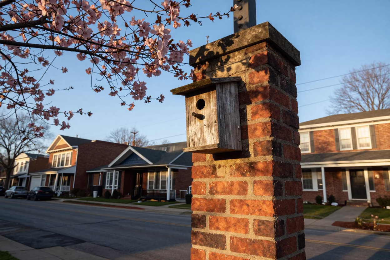 Nashville Tennessee late afternoon street scene with birdhouse and cherry blossoms in in Nashville, Tennessee, United States