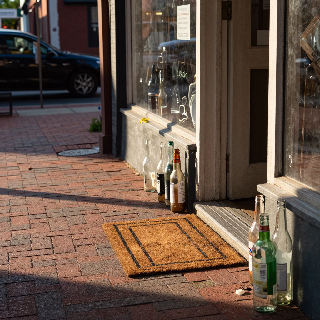 Nashville Tennessee Late Afternoon Street Scene with Glass Bottles and Doormat in in Nashville, Tennessee, United States