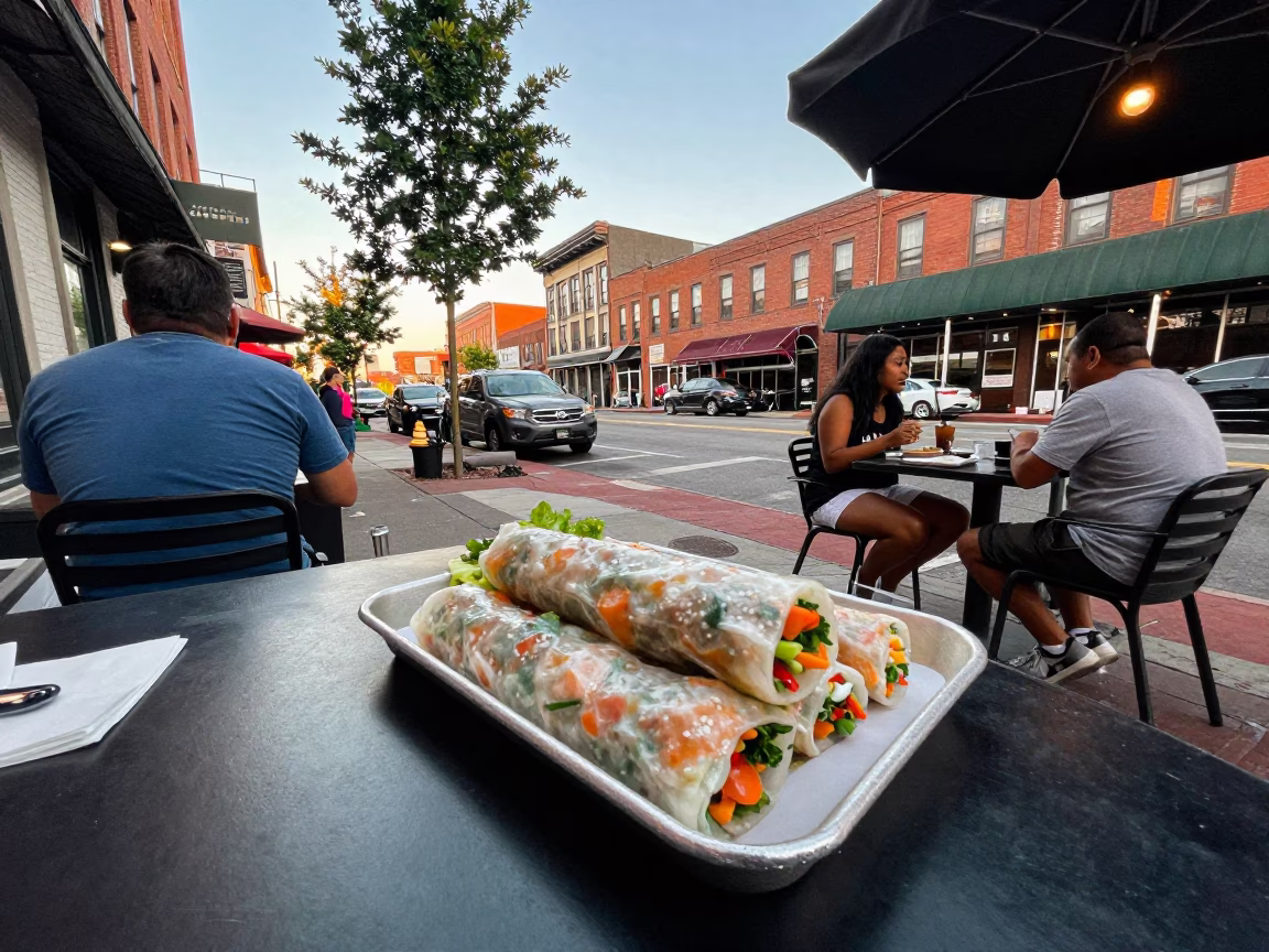 Nashville Tennessee Late Afternoon Street Scene with Local Dining and Vintage Elements in in Nashville, Tennessee, United States