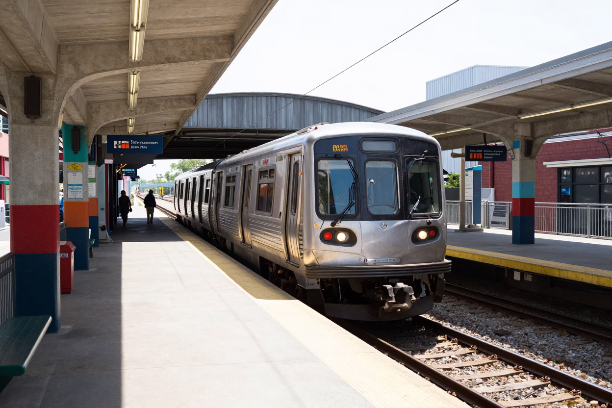 Nashville Tennessee Metro Transit Train Arriving at Arts District Station Midday Exterior View in in Nashville, Tennessee, United States