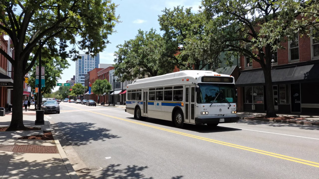 Nashville Tennessee Midday Street Scene with Classic Bus and Urban Architecture in in Nashville, Tennessee, United States