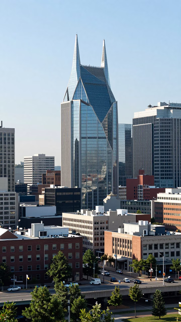 Nashville Tennessee Midmorning Cityscape View of Downtown Skyline and Urban Streets in in Nashville, Tennessee, United States