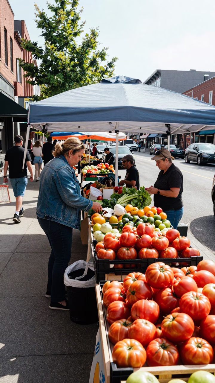 Nashville Tennessee Midmorning Street Scene with Local Market Vendors and Pedestrians in in Nashville, Tennessee, United States