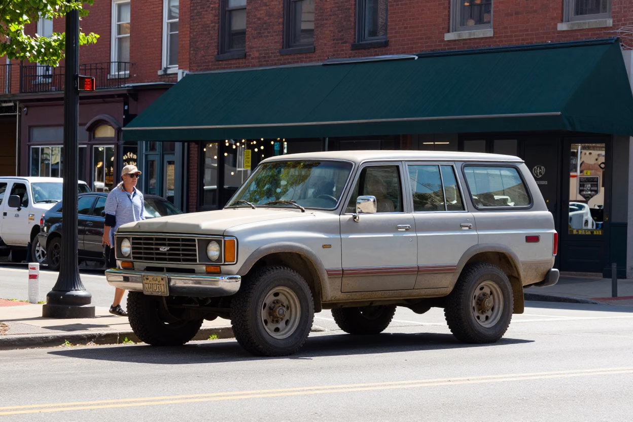 Nashville Tennessee Midmorning Street Scene with Vintage SUV and Local Commerce in in Nashville, Tennessee, United States