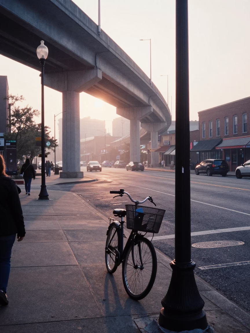 Nashville Tennessee Morning Street Scene With Bicycle Basket And Concrete Viaduct in in Nashville, Tennessee, United States