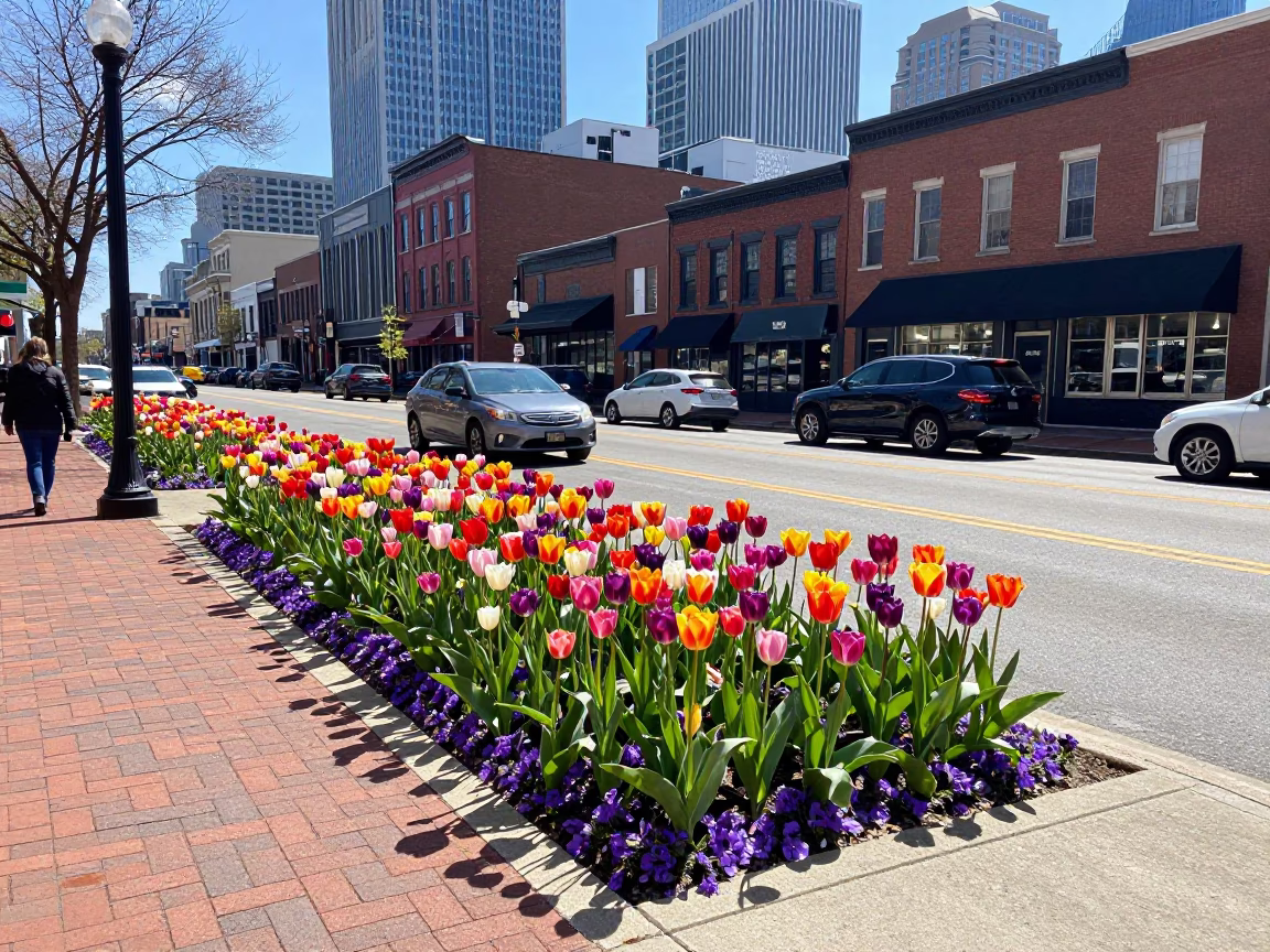 Nashville Tennessee Morning Street Scene with Tulips and City Skyline in in Nashville, Tennessee, United States
