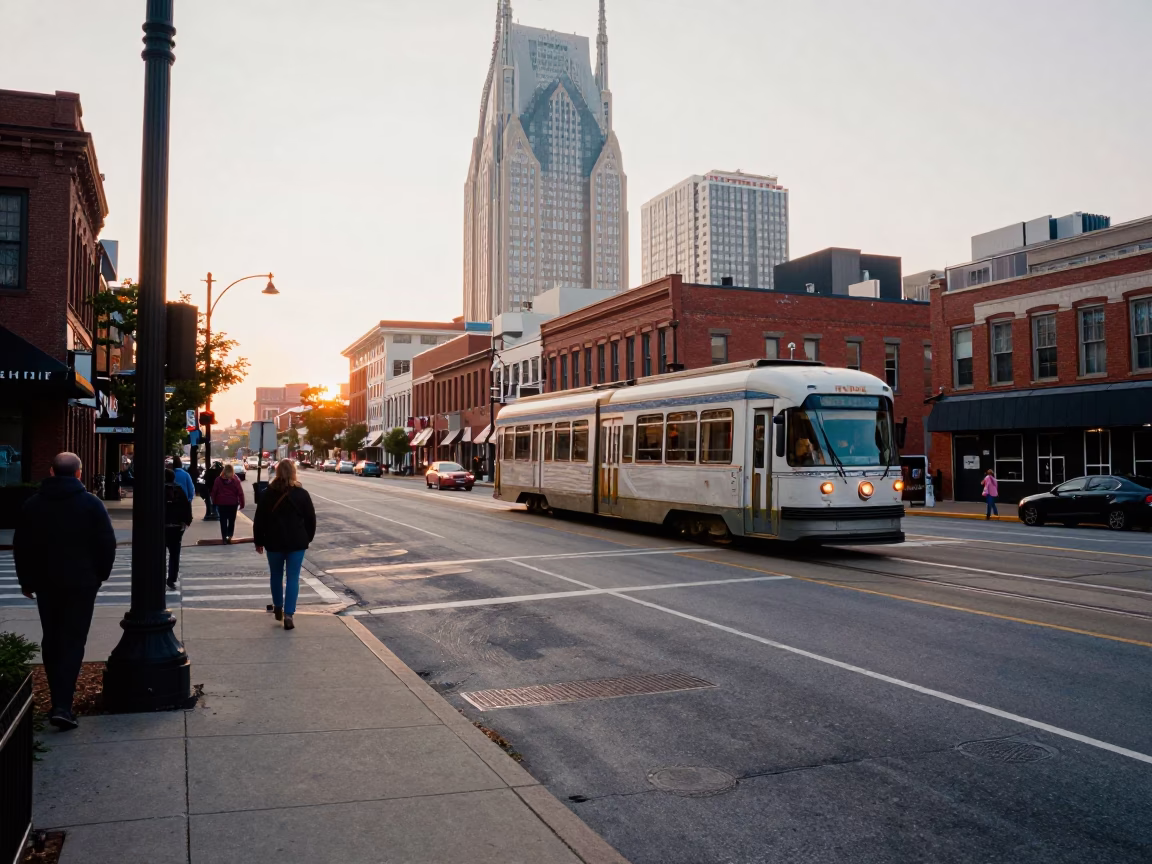 Nashville Tennessee Morning Street Scene with Vintage Monorail and City Life in in Nashville, Tennessee, United States