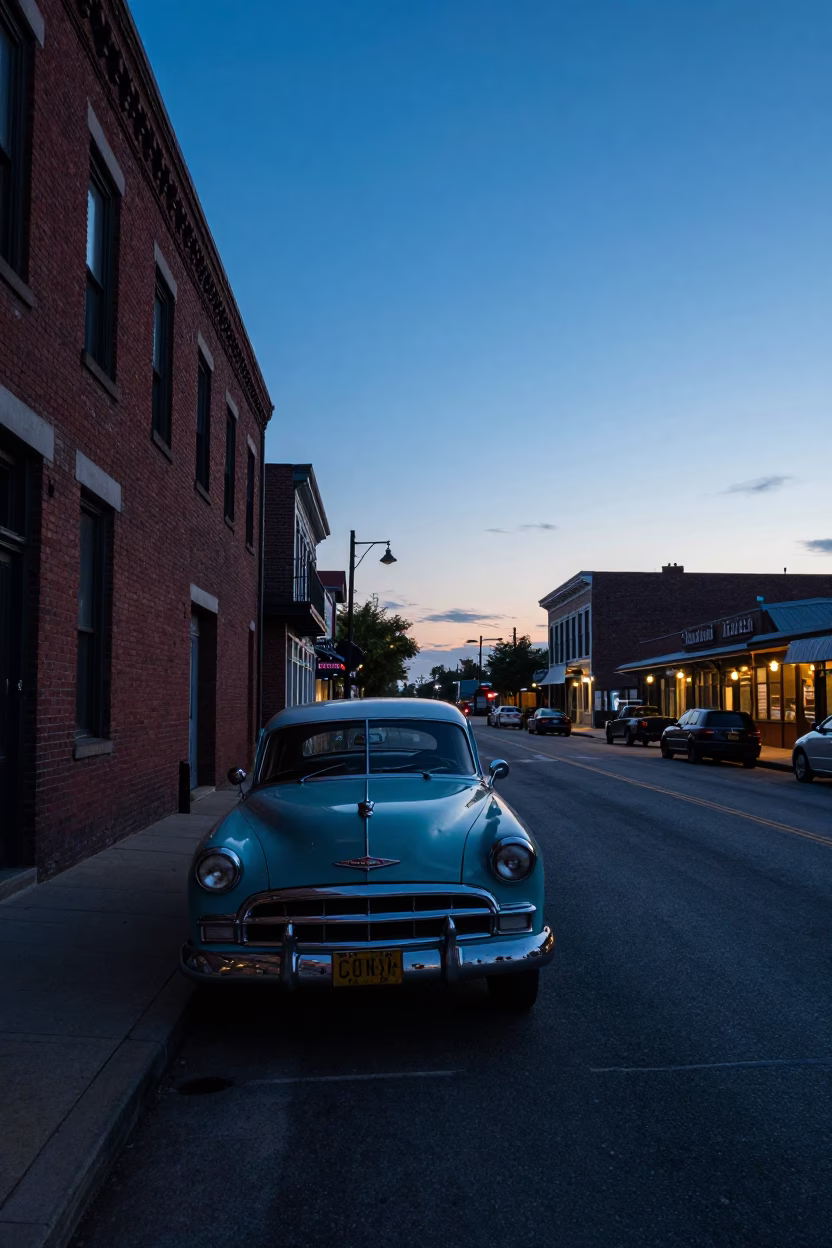 Nashville Tennessee Nautical Dawn Street Scene with Vintage Car and Neon Sign in in Nashville, Tennessee, United States