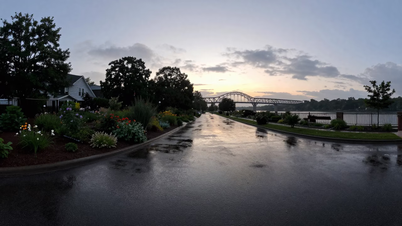 Nashville Tennessee Nautical Dawn Viaduct Shadow Allotment Gardens Rain Wet Asphalt in in Nashville, Tennessee, United States