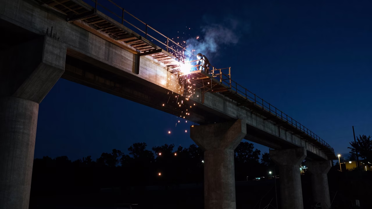 Nashville Tennessee Night Scene Welding Sparks Under Concrete Viaduct Construction in in Nashville, Tennessee, United States