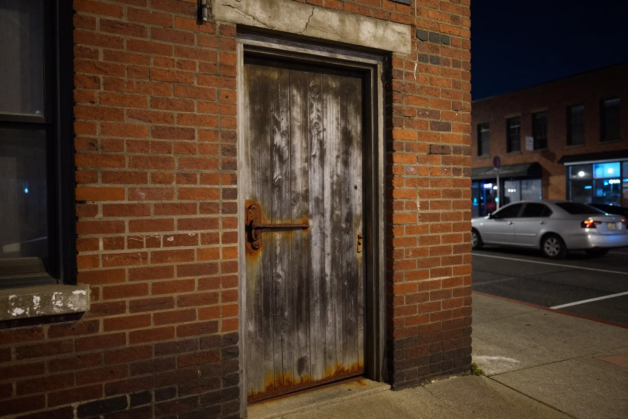 Nashville Tennessee Night Scene with Rusty Door Latch and Street Lights in in Nashville, Tennessee, United States