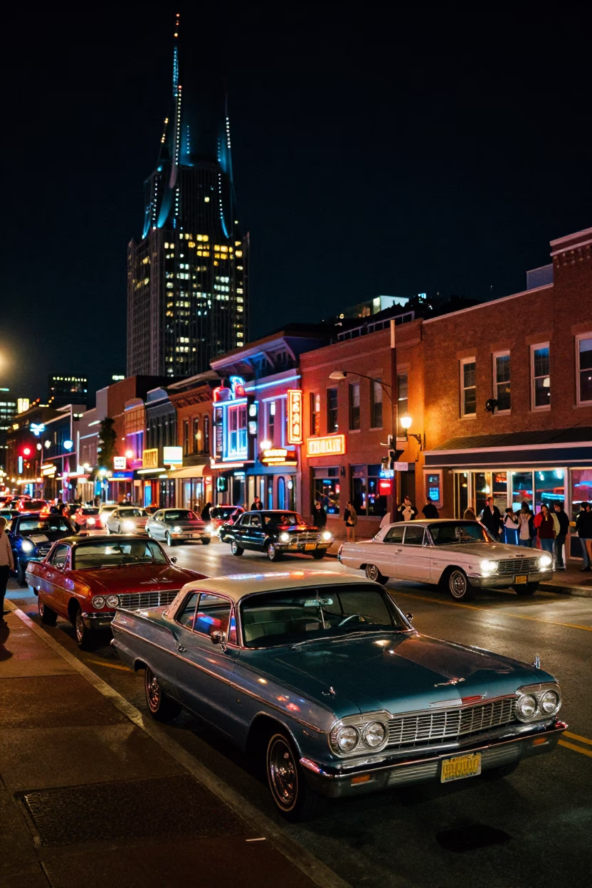Nashville Tennessee Night Scene with Vintage Cars and Neon Lights in in Nashville, Tennessee, United States