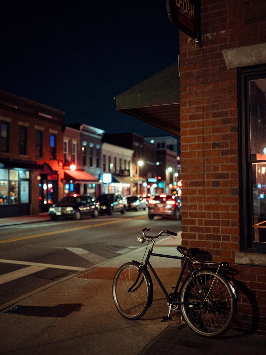 Nashville Tennessee Night Street Scene With Bicycle And City Lights in in Nashville, Tennessee, United States