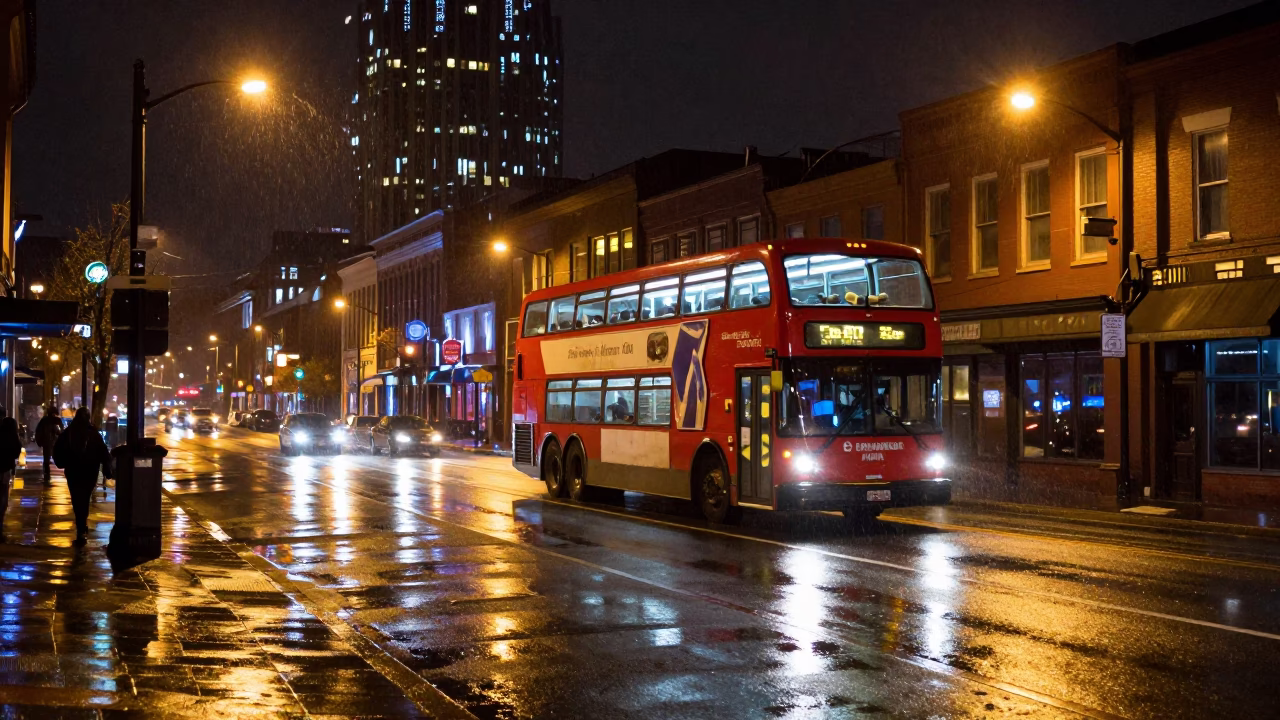 Nashville Tennessee Night Street Scene with Double Decker Bus and Rain in in Nashville, Tennessee, United States