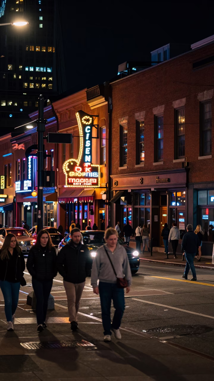 Nashville Tennessee Night Street Scene with Neon Lights and Urban Activity in in Nashville, Tennessee, United States