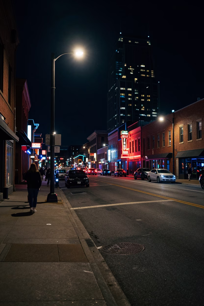 Nashville Tennessee Night Street Scene with Neon Lights and Urban Architecture in in Nashville, Tennessee, United States