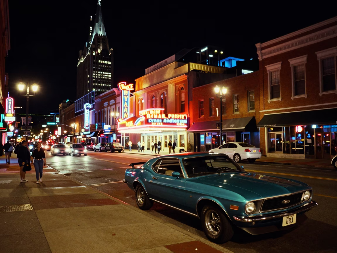 Nashville Tennessee Night Street Scene with Neon Signs and Vintage Cars in in Nashville, Tennessee, United States