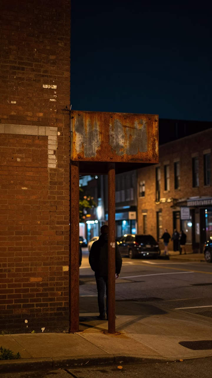 Nashville Tennessee night street scene with rusted metal details under deep darkness in in Nashville, Tennessee, United States