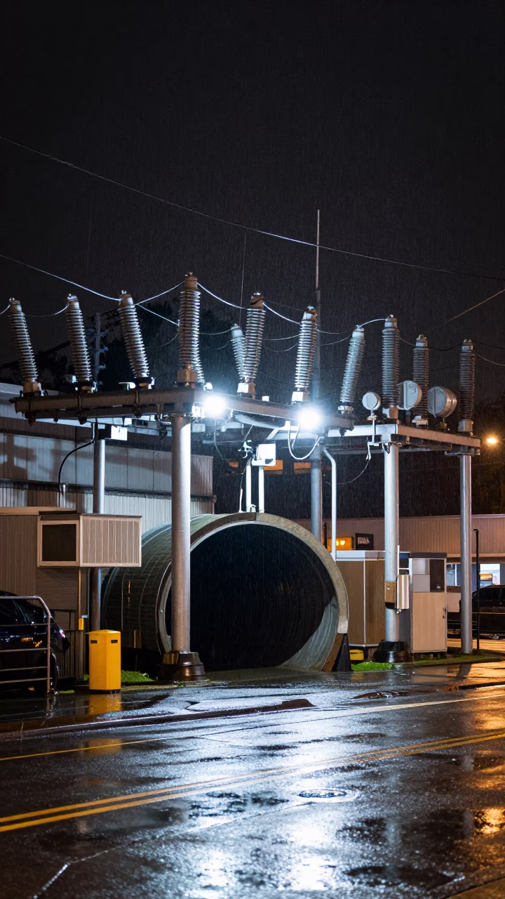 Nashville Tennessee Night Street Scene with Substation Insulators and Tunnel Portal in in Nashville, Tennessee, United States