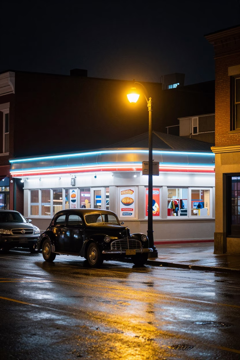 Nashville Tennessee Night Street Scene with Vintage Car and Diner Reflection in in Nashville, Tennessee, United States