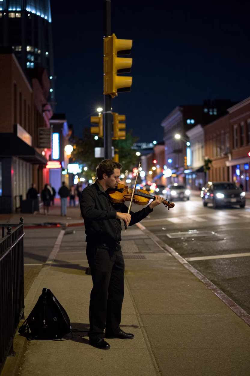 Nashville Tennessee Night Street Scene with Violinist and Traffic Light Trails in in Nashville, Tennessee, United States
