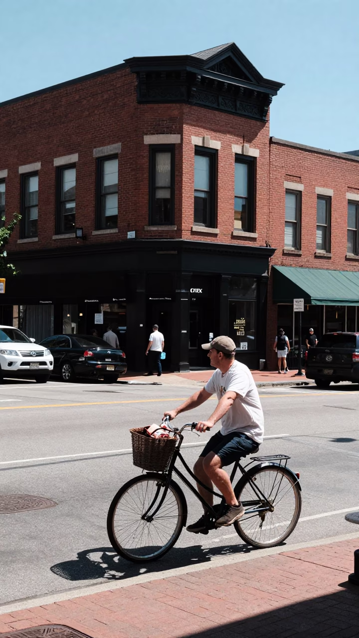 Nashville Tennessee Noon Street Scene with Bicycle Basket and Local Commerce in in Nashville, Tennessee, United States