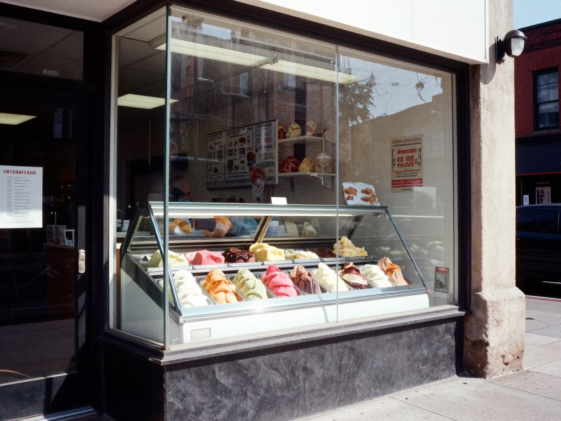 Nashville Tennessee noon street scene with gelato shop window and urban sidewalk activity in in Nashville, Tennessee, United States