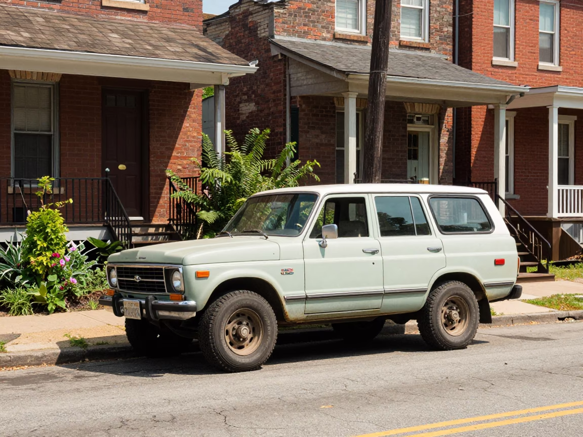 Nashville Tennessee Noon Street Scene with Vintage SUV and Garden Hose in in Nashville, Tennessee, United States