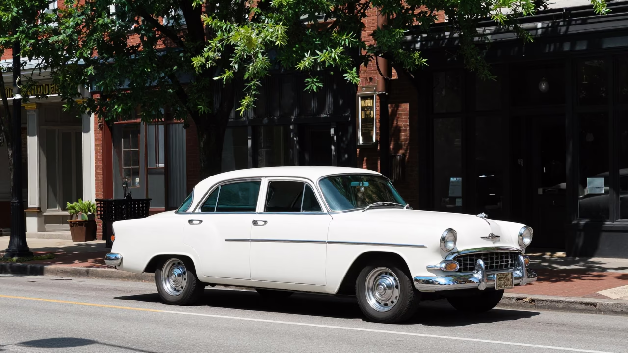Nashville Tennessee Noon Sun Street Scene with Vintage Car and Water Tower in in Nashville, Tennessee, United States