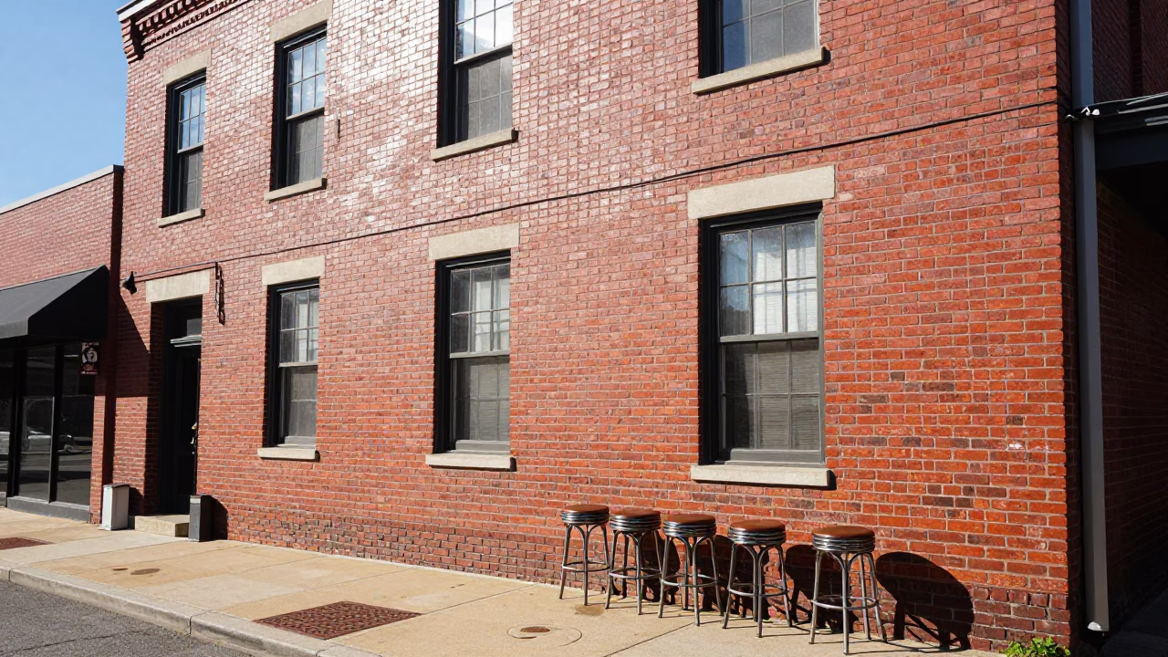 Nashville Tennessee Noon Sunlight on Historic Brick Building Exterior with Vintage Bar Stools in in Nashville, Tennessee, United States