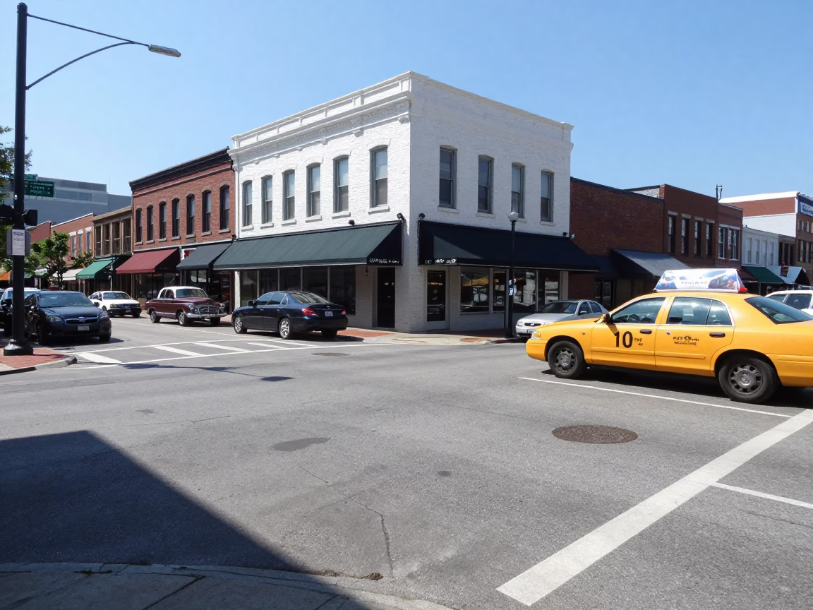 Nashville Tennessee noon sunlight street scene with vintage cars and pedestrians in in Nashville, Tennessee, United States