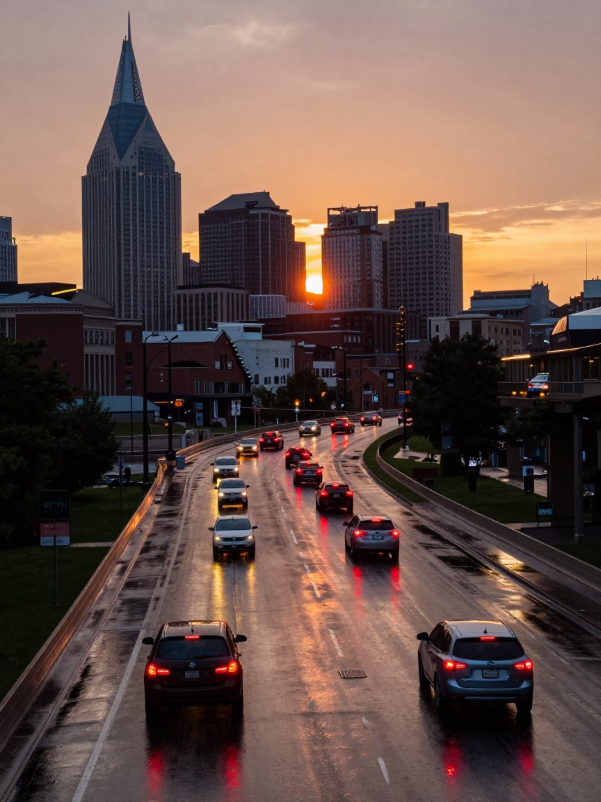 Nashville Tennessee Overpass Interchange Glowing with Taillights After Rain at Sunset in in Nashville, Tennessee, United States