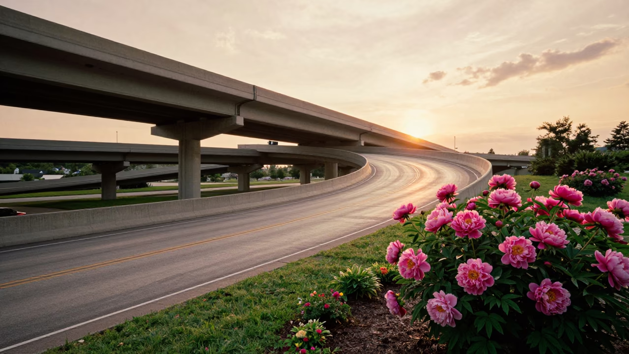 Nashville Tennessee Overpass Ramp at Dusk with Peony Bush and Vintage Plate in in Nashville, Tennessee, United States