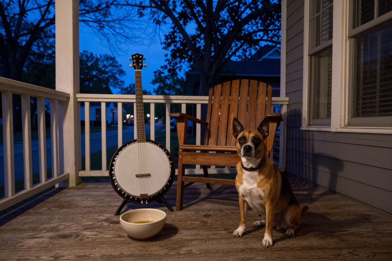 Nashville Tennessee Porch Scene with Banjo and Dog in Evening Blue Light in in Nashville, Tennessee, United States