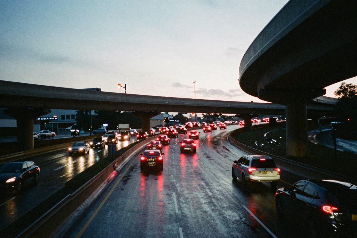 Nashville Tennessee Pre-Dawn Overpass Interchange Glowing With Red Taillights After Rain in in Nashville, Tennessee, United States