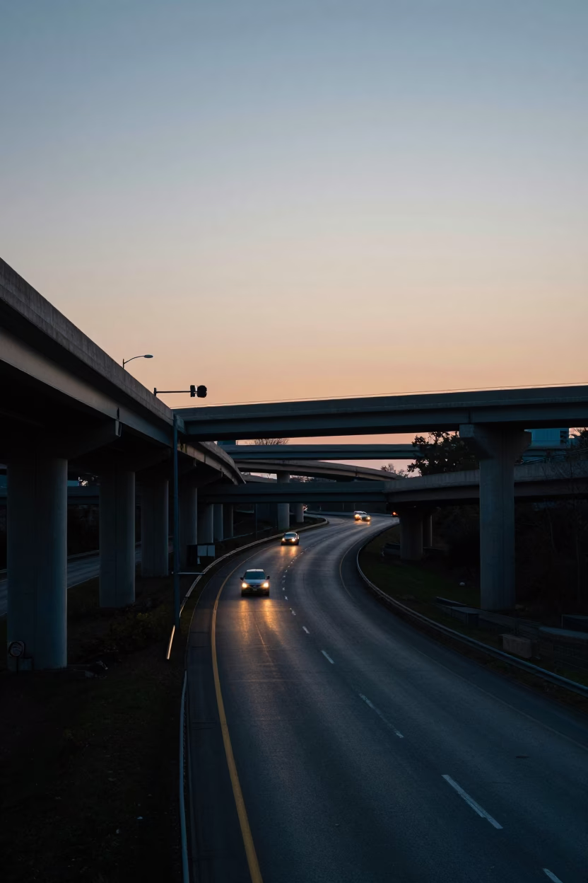 Nashville Tennessee Pre-Dawn Overpass Interchange Lane Split Lit By Taillight Streaks in in Nashville, Tennessee, United States