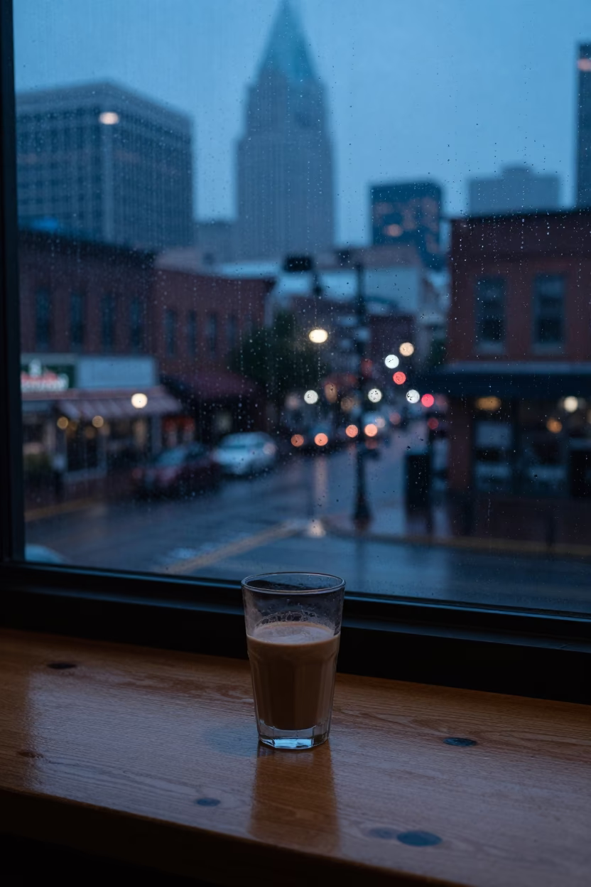 Nashville Tennessee Pre-Dawn Street Scene with Glass Tumbler on Wooden Counter in in Nashville, Tennessee, United States