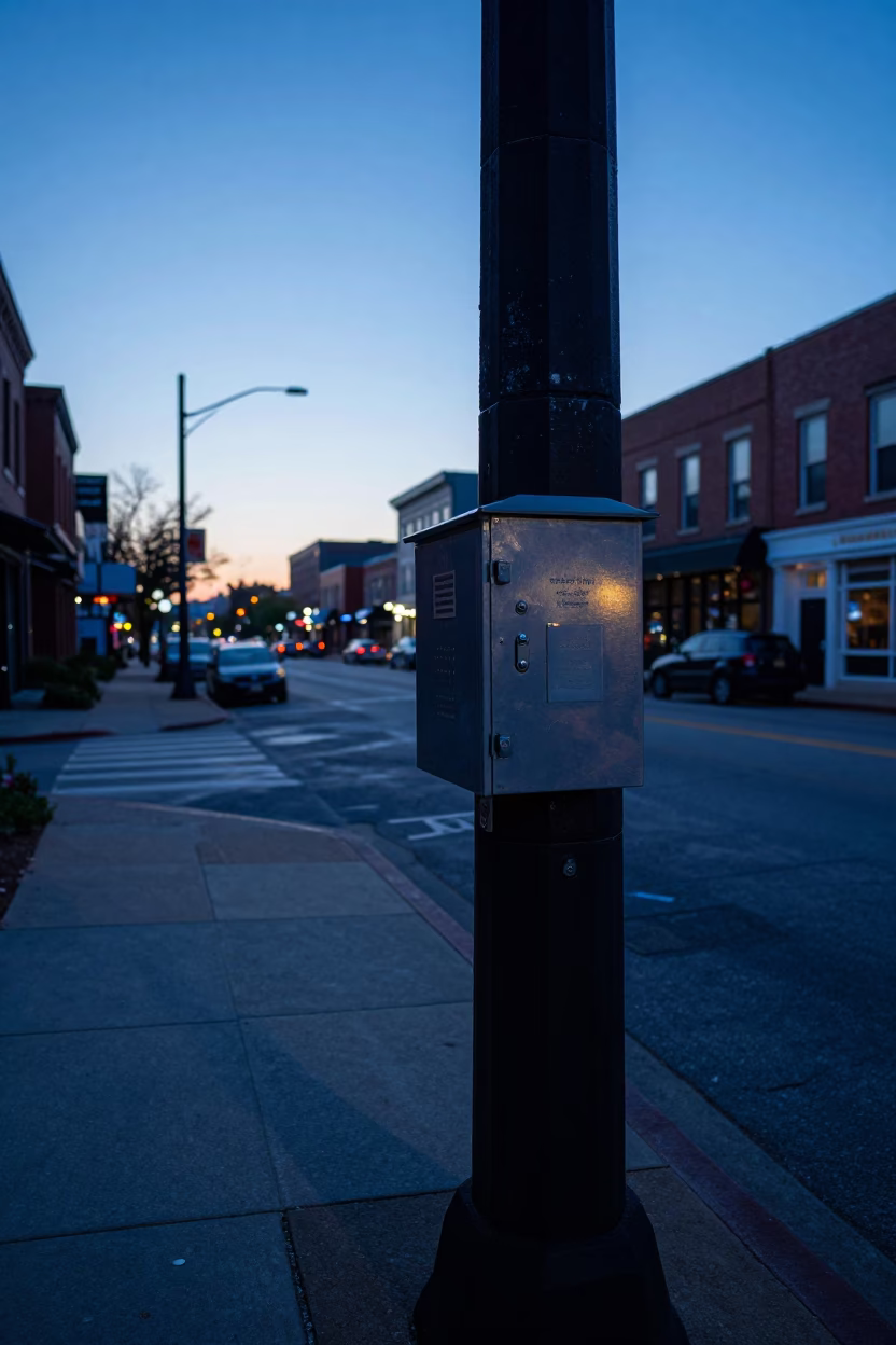 Nashville Tennessee Pre-Dawn Street Scene with Lockbox and Quiet City Streets in in Nashville, Tennessee, United States