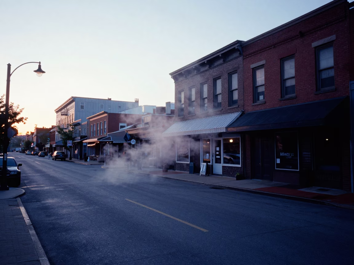 Nashville Tennessee Pre-Dawn Street Scene with Steam and Morning Light in in Nashville, Tennessee, United States