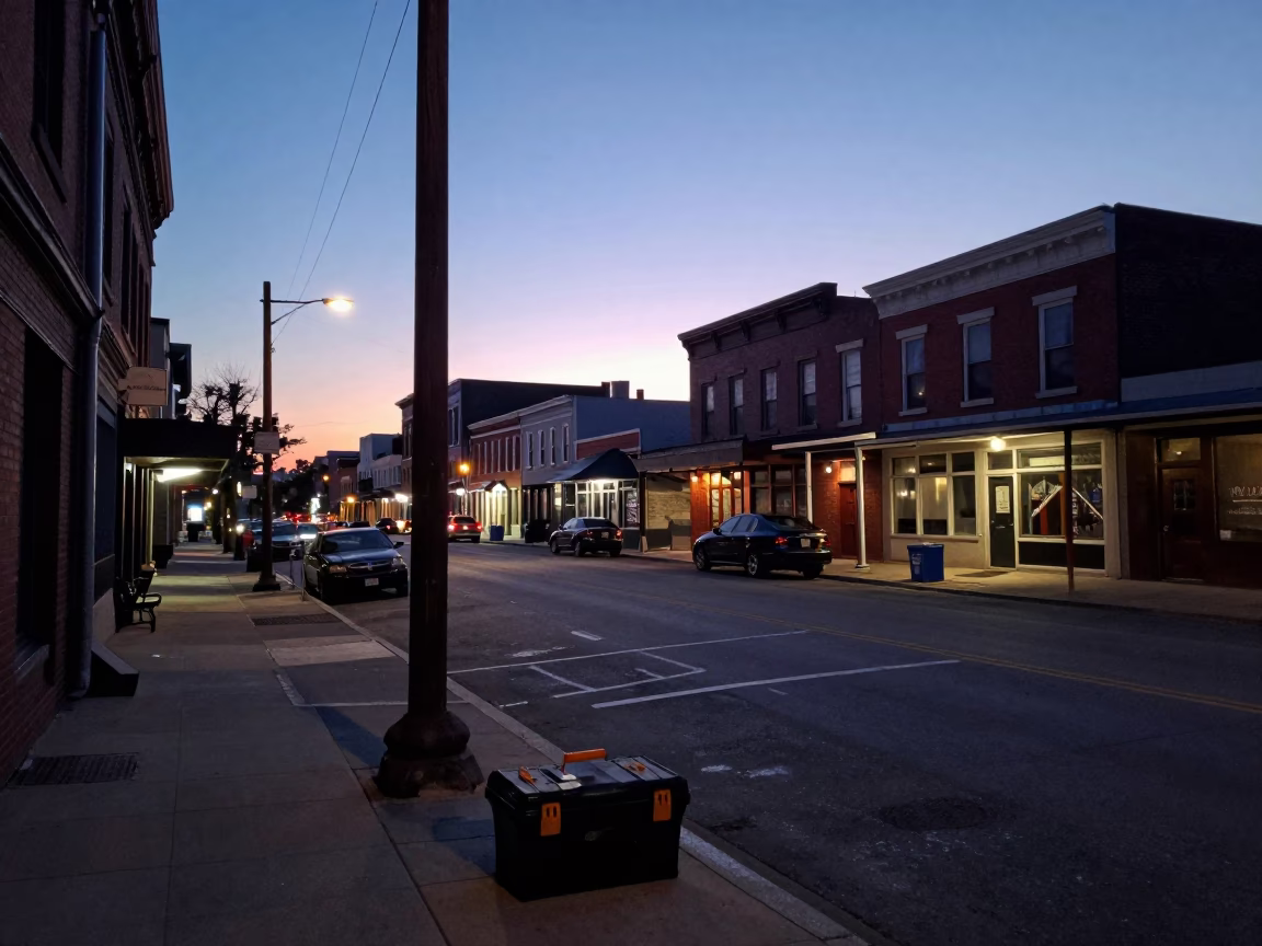 Nashville Tennessee Pre-Dawn Street Scene with Toolbox and Early Morning Activity in in Nashville, Tennessee, United States