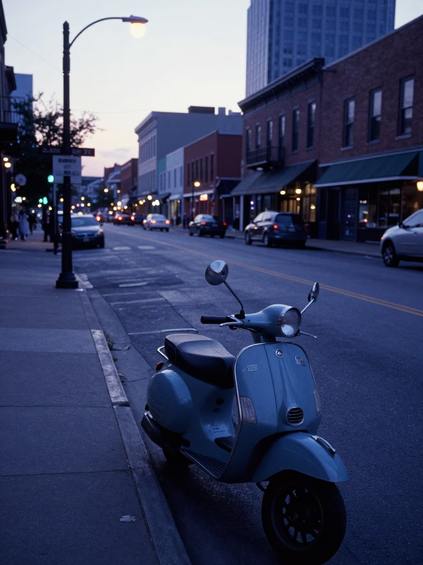 Nashville Tennessee Pre-Dawn Street Scene with Vintage Scooter and City Lights in in Nashville, Tennessee, United States