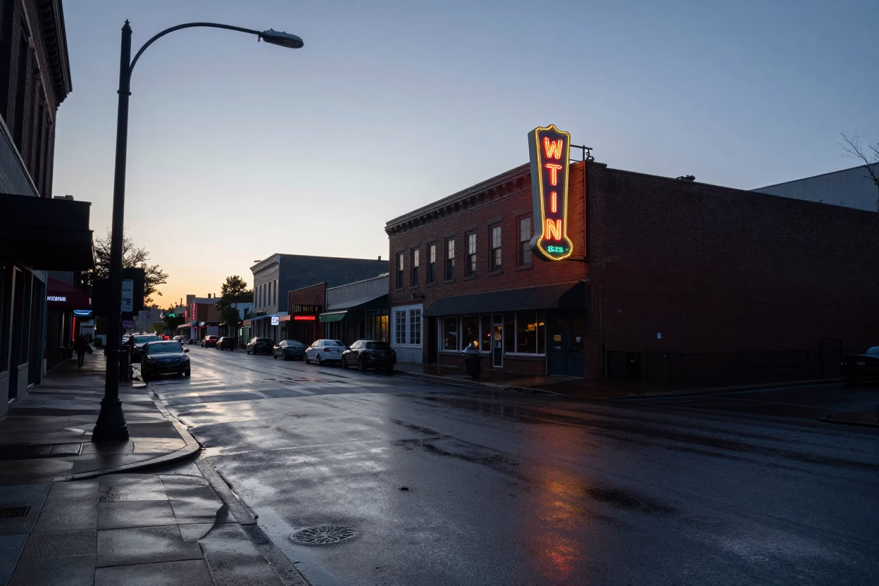 Nashville Tennessee Pre-Dawn Street Scene with Vintage Sign and Wet Pavement in in Nashville, Tennessee, United States