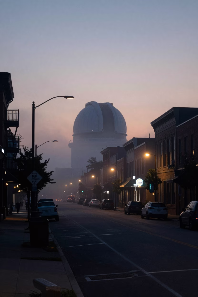 Nashville Tennessee predawn street scene with observatory dome silhouette and ground fog in in Nashville, Tennessee, United States