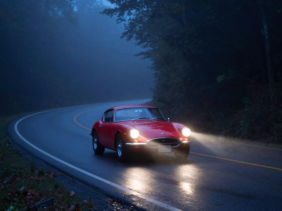 Nashville Tennessee Predawn Street Scene with Vintage Red Sports Car on Mountain Road in in Nashville, Tennessee, United States
