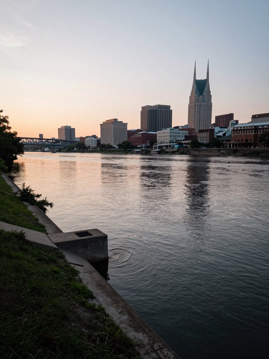 Nashville Tennessee Riverfront Sunrise Storm Drain Outfall and Urban Landscape in in Nashville, Tennessee, United States